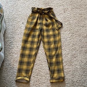 High waisted yellow and black plaid belted pants